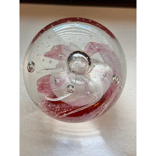 Late 20th Century Vintage Clear Glass Paperweight With Pink Swirl and Controlled Bubbles For Sale - Image 5 of 6