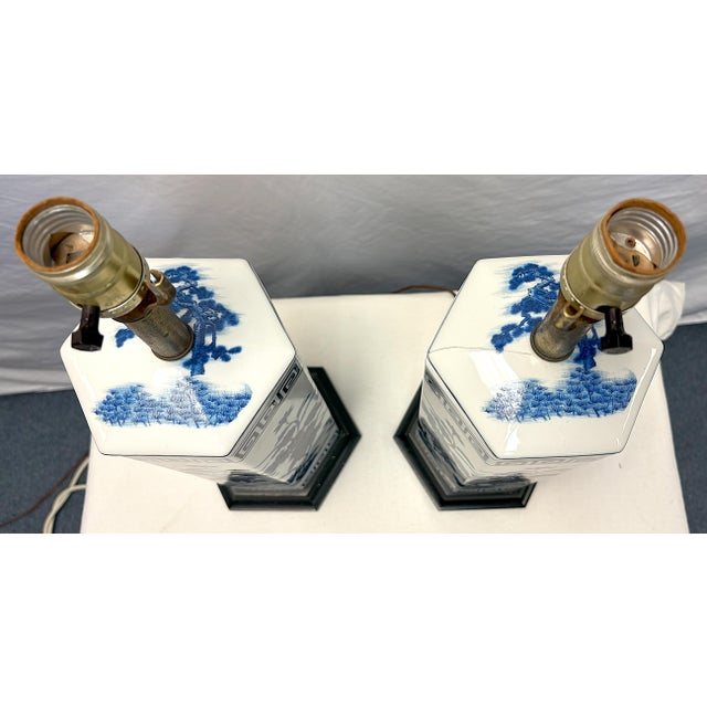 Vintage Mid Century Blue and White Ceramic Hexagon Shaped Table Lamps- A Pair For Sale - Image 10 of 17