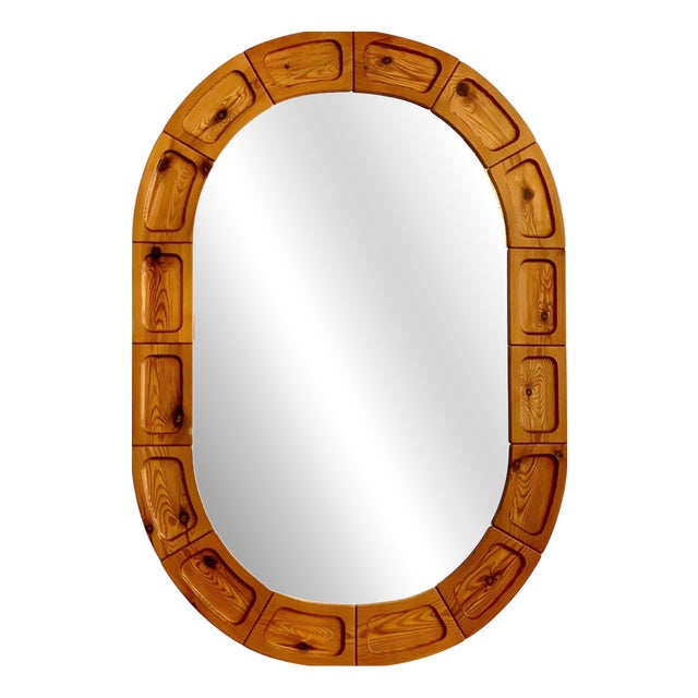Brutalist Scandinavian Oval Pine Mirror, Denmark, 1960s For Sale