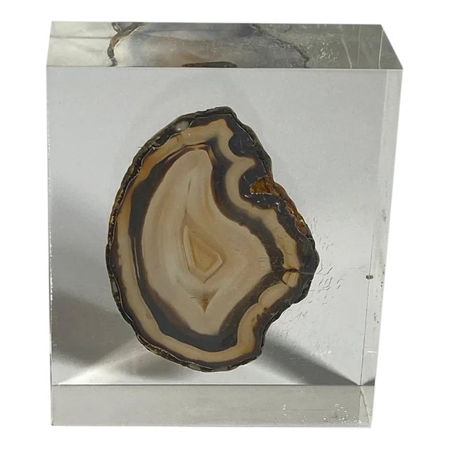 French Acrylic Glass Resin Cube Sculpture with Agate Stone, 1970s For Sale