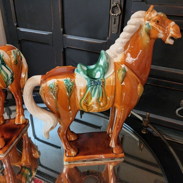 Vintage Pair of Tang Ceramic Horse Statues 14.5 Inch Tall Chinoiserie Statement Decor For Sale - Image 12 of 16