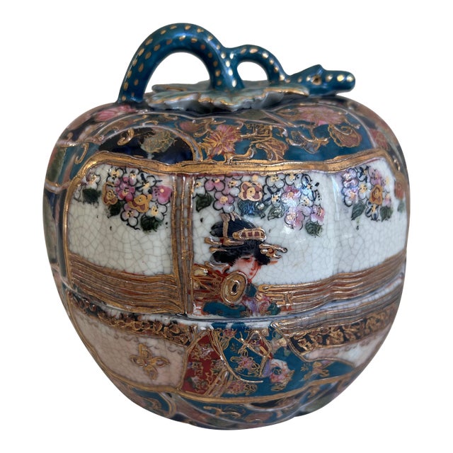 Antique Japanese Satsuma-Style Lidded Jar With Vine Handle & Moriage Detailing For Sale