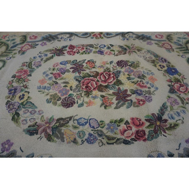 Early 20th Century (1935) Ivory Multicolor Antique American Hooked Rug 4'2" X 7'6" Americana Floral Carpet For Sale - Image 12 of 12
