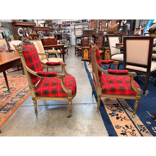 French Country Pair Antique Carved Red Tartan Arm Chairs For Sale - Image 3 of 10