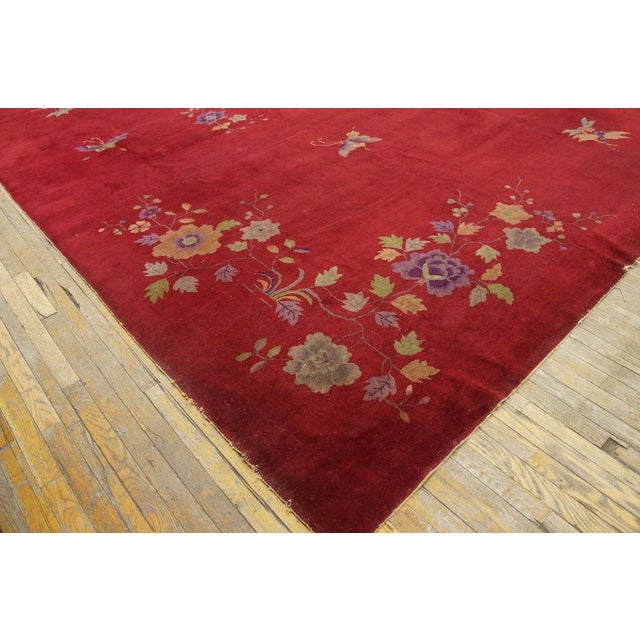 1920s Ruby Red Floral Antique Chinese Art Deco Carpet 9' X 12 Knotted Wool Rug For Sale In New York - Image 6 of 10