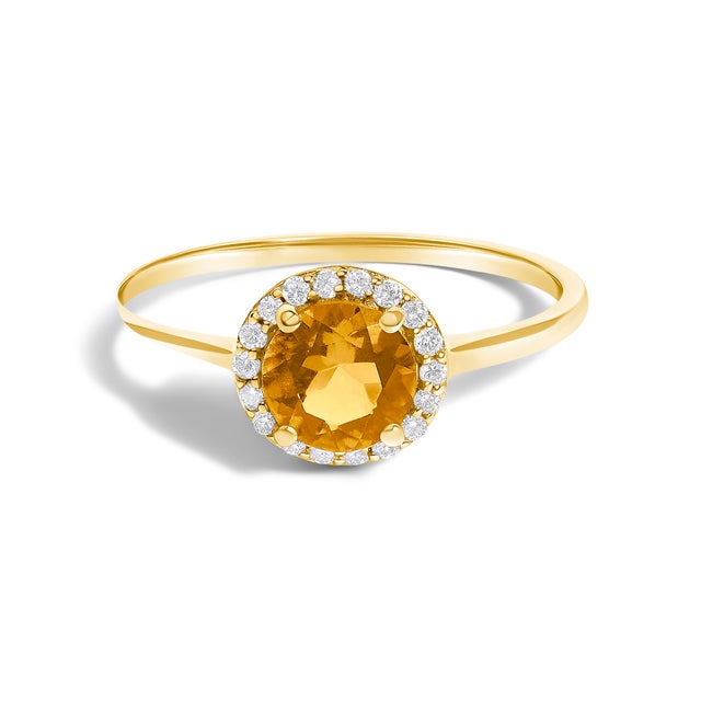 Contemporary 10K Yellow Gold Orange Citrine and 3/8 Cttw Diamond Halo Jewelry Set (Earrings, Pendant & Ring) For Sale - Image 3 of 6