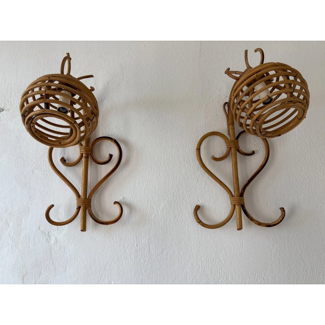 Louis Sognot Midcentury Rattan Bamboo Lantern Pair Louis Sognot Style Italy 1960 For Sale - Image 4 of 11