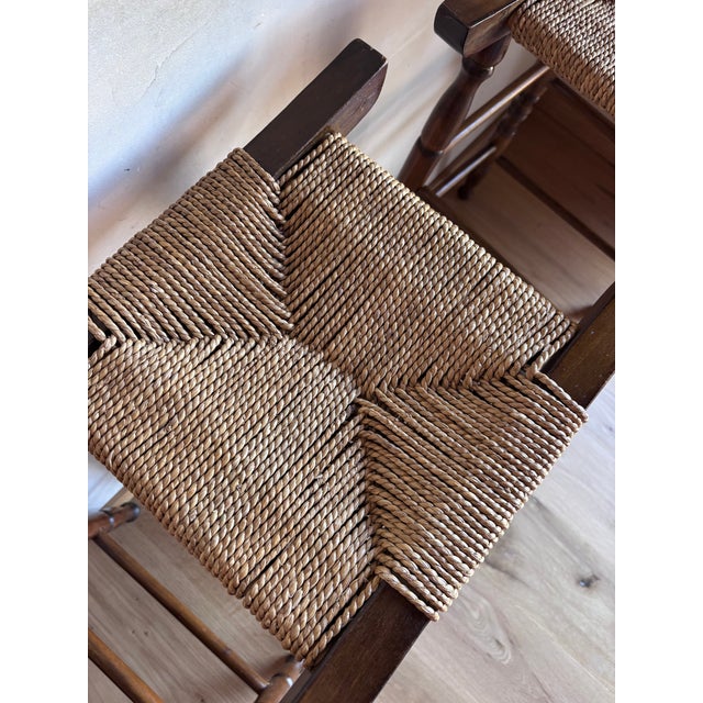 Set of 3 Mid Century Bar Stools Primitive Craft Movement Turned Walnut Bobbin Spindle Legs and Danish Cording Woven Seats For Sale - Image 9 of 13