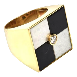Vintage 18k Gold, Onyx and Mother of Pearl Geometric Ring Italian Size 7