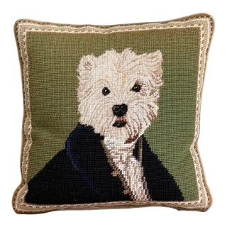 Vintage Needlepoint Uniformed West Highland Terrier Decorative Accent Pillow With Down Insert For Sale