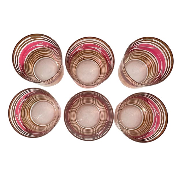 Bohemian Czech Glass Tumblers Set of 6 Cranberry Floral Gold Vintage For Sale In San Francisco - Image 6 of 7