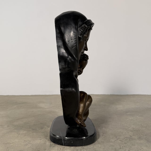 Bronze Madonna Mary and Child Relief Sculpture on Marble Base, 20” H – Wall-Mountable For Sale - Image 4 of 6