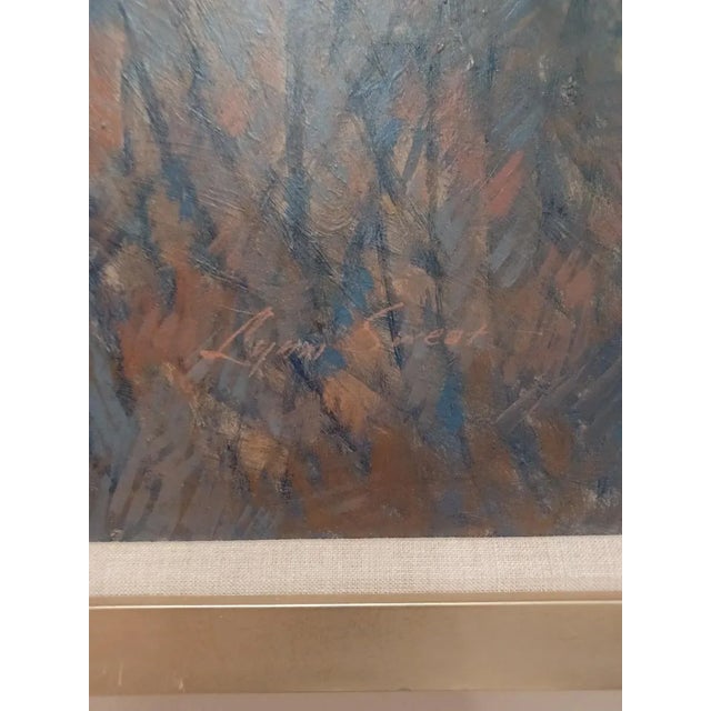 Vintage mid century framed contemporary oil on board expressionist art. Signed Lynn Sweat.