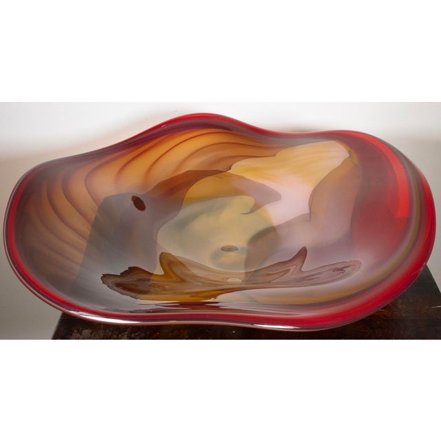 Large Signed Studio Art Glass Centerpiece Bowl – Red, Gold & Amber – 23” W For Sale - Image 4 of 9