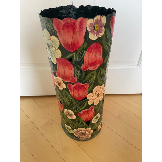 Vintage Black Metal Umbrella Stand Hand Painted Flowers Tulip and Leaves For Sale - Image 10 of 10