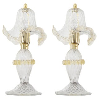 Transparent Murano Glass Table Lamps with Artistic Golden Artistic Decorations, Italy, Set of 2 For Sale