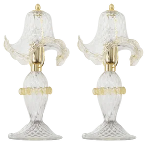 Transparent Murano Glass Table Lamps with Artistic Golden Artistic Decorations, Italy, Set of 2