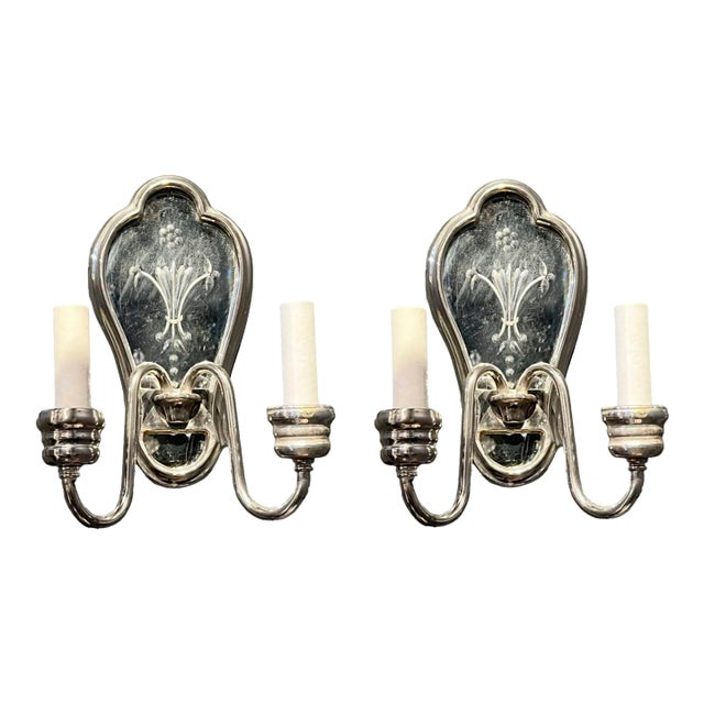 1920’s Silver Plated and Etched Mirror Sconces For Sale
