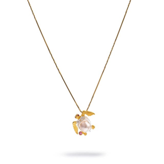 Baroque Eternal Wisdom Turtle Pearl & Ruby Necklace For Sale - Image 3 of 9