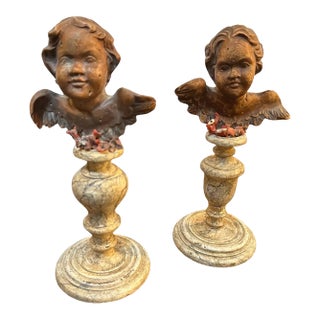 19th Century Two Louis Philippe Sicilian Wood Angels on Lacquered Wood Bases- Set of 2 For Sale