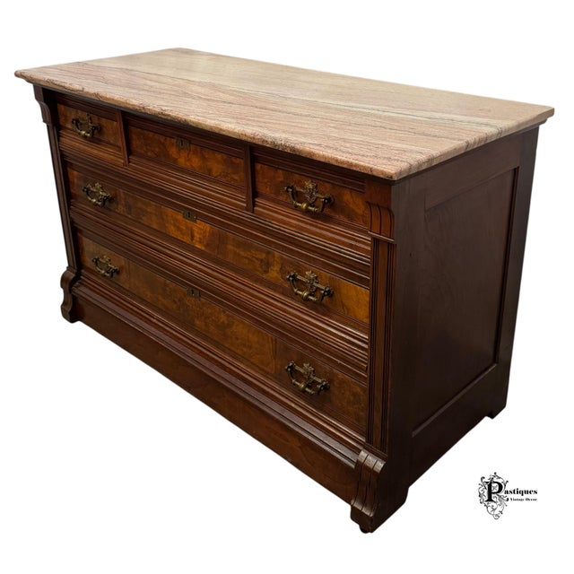 American Antique Eastlake Style Walnut & Burl Wood Travertine Marble Top Chest of Drawers For Sale - Image 3 of 12