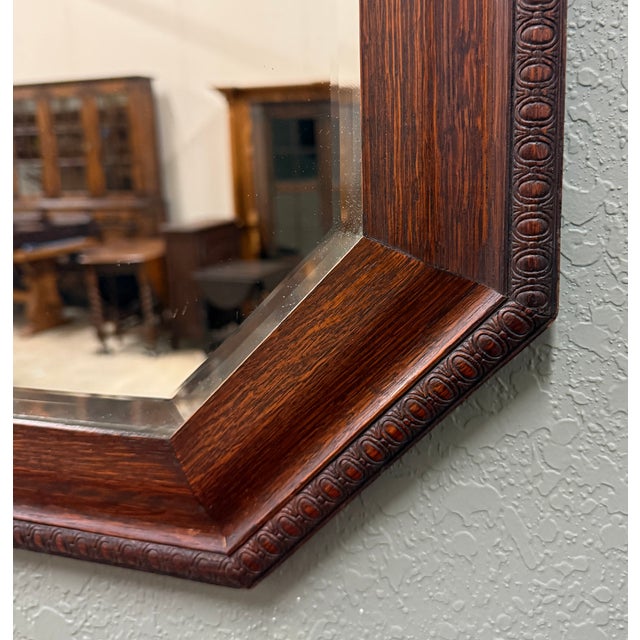 Antique English Jacobean Mirror Framed Beveled Octagonal Oak c.1930s For Sale In Dallas - Image 6 of 18