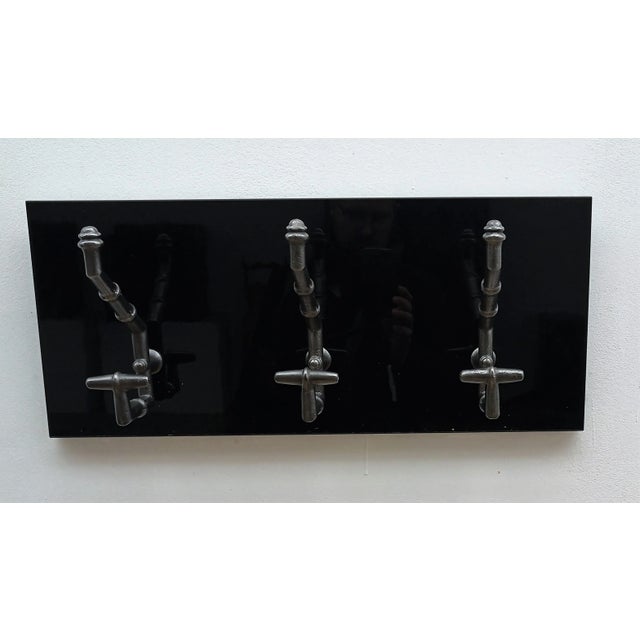 Antique Cast Iron & Faux Bamboo Wall Hooks Hangers on New Black Wooden Support For Sale - Image 6 of 9
