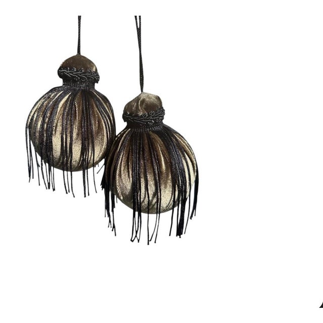 Luxe Muted Green Velvet Fringe Ornaments in Black, Hollywood Regency Style, Satin-Lined Gift Box, Set of 6, Artisan Made For Sale - Image 4 of 4
