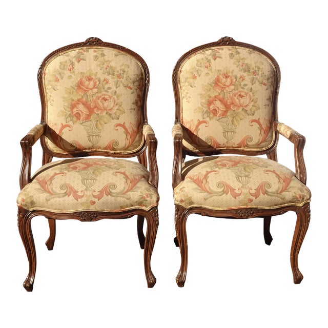 Pair Vintage French Louis XVI Style Brown Floral Side Chairs For Sale