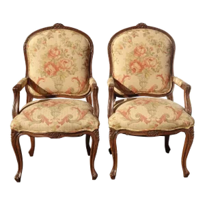 Pair Vintage French Louis XVI Style Brown Floral Side Chairs