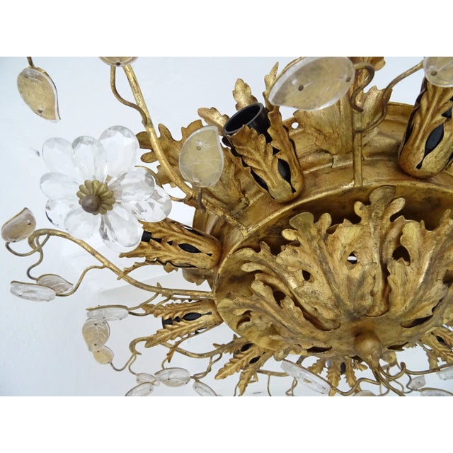 1940s Flush Mount Maison Baguès Crystal Flowers Leaves Chandelier 15 Lights No.2 For Sale - Image 5 of 11