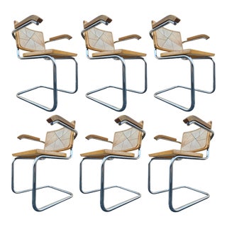 Organic Modern Leather & Chrome Cesca Armchairs, Set of 6 (After Marcel Breuer) For Sale