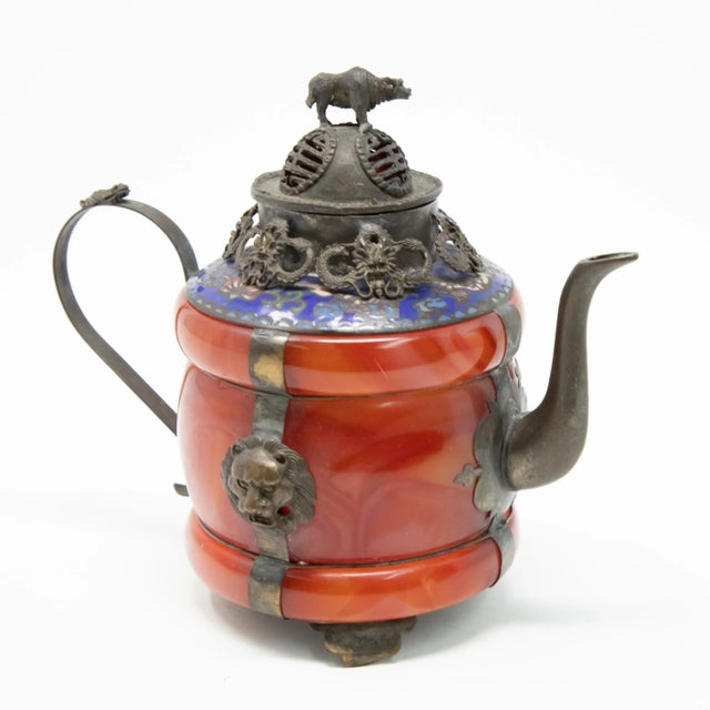 Red Vintage Chinese Carnelian and Enamel With Bronze Filigree Teapot For Sale - Image 8 of 13