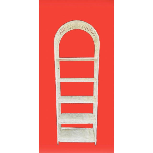 Wood 1970s Vintage Boho Chic Arched Rattan & Wicker Bookcases Étagère- a Pair For Sale - Image 7 of 12