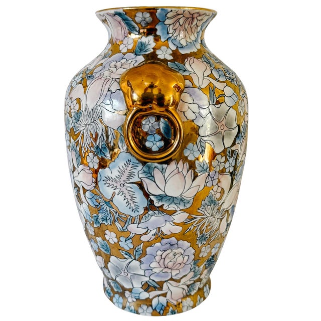 Mid 20th Century Macau Enameled Gold-Ground Lotus & Peony Vase / Lamp Base For Sale - Image 4 of 8