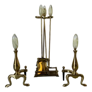 80's Vintage Brass & Sommerso Art Glass Handles Andirons and Fireplace Set of - 6