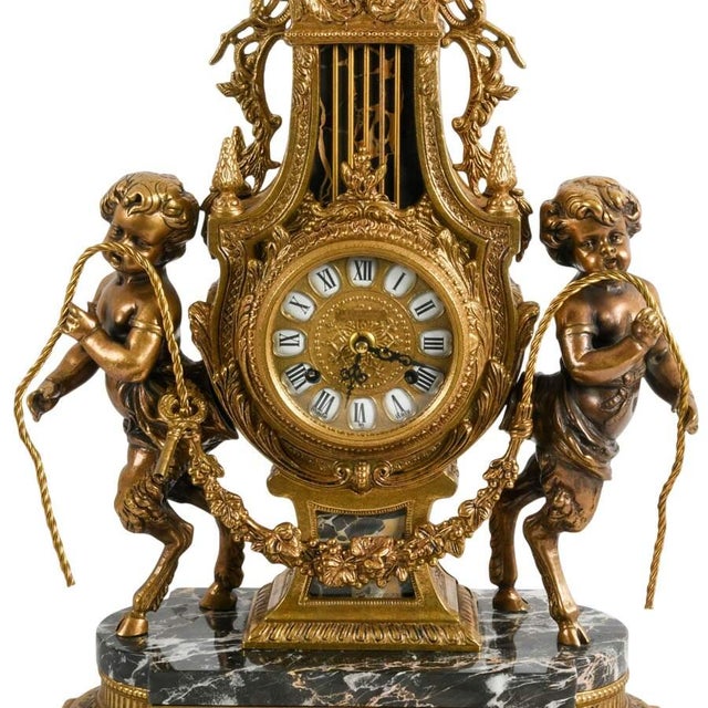 Imperial Italian Brevettato Gilt Bronze Mantel Clock Garniture Set With Candelabra For Sale In Greensboro - Image 6 of 13