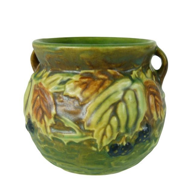 Brown Roseville Blackberry 1932 Antique Art Pottery Jardiniere Vase | Double Handled | Genuine Gold Foil Label For Sale - Image 8 of 13