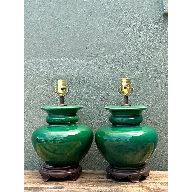 Vintage Glazed Ceramic Lamps - A Pair For Sale - Image 4 of 12