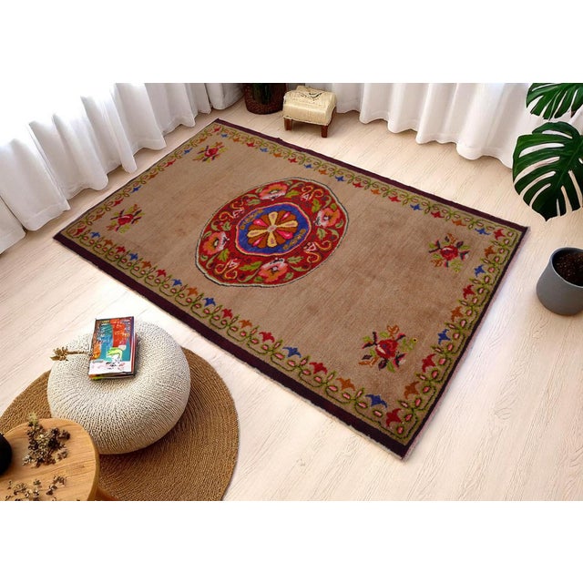 Tribal 1960s Handmade Area Rug Turkish Rug Natural Camel Wool Rug 4′8″ X 7′3″ For Sale - Image 3 of 12