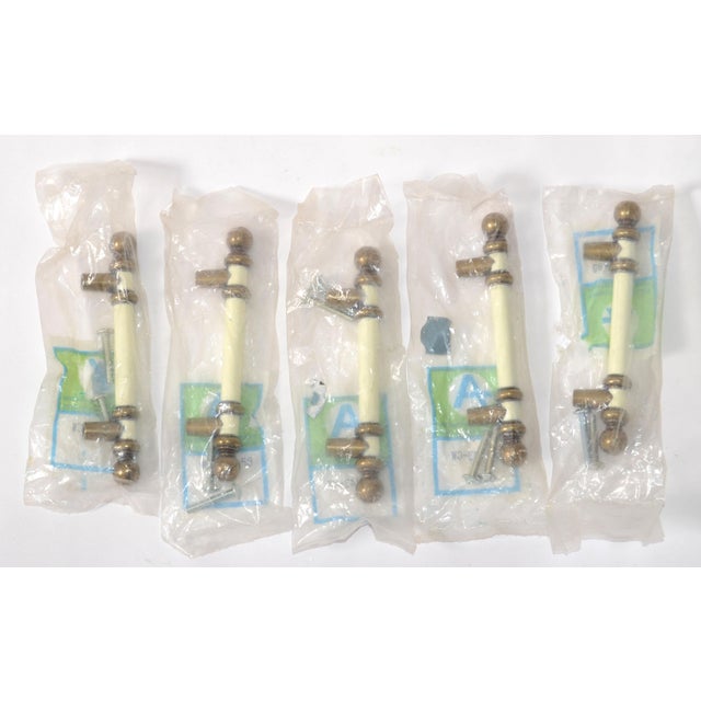 Set of 5 Mid-Century Modern Brass Beige Enamel Drawer Cabinet Dresser Pulls Hardware For Sale - Image 12 of 12