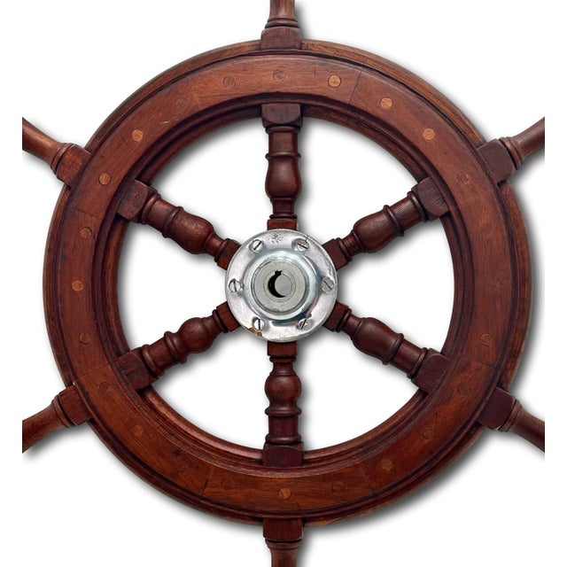 Fine Vintage Hand Made Large 25 Inch Authentic Mahogany & Rhodium Plated Brass Yacht - Ships Wheel - Mid 1900s For Sale - Image 12 of 18