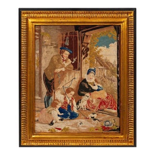 Antique Petite Needlepoint Giltwood Framed Picture With Cats For Sale