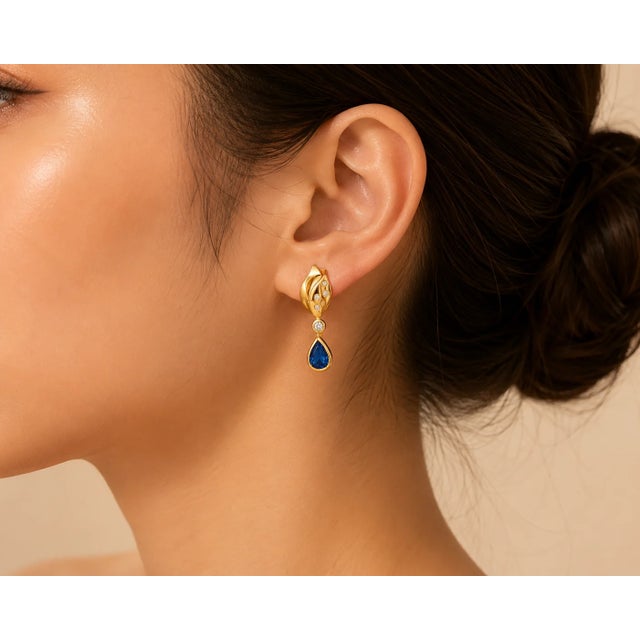 Traditional Late 20th Century 14K Yellow Gold Diamond Sapphire Tear Drop Pear Dangle Earrings, Pair For Sale - Image 3 of 3