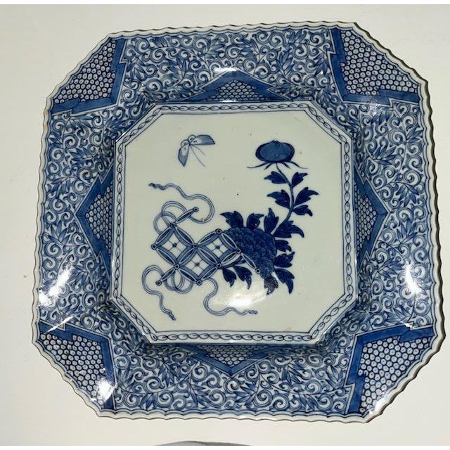 Antique Japanese Octagonal Blue and White Porcelain Plate With Butterly and Floral Design For Sale - Image 18 of 18