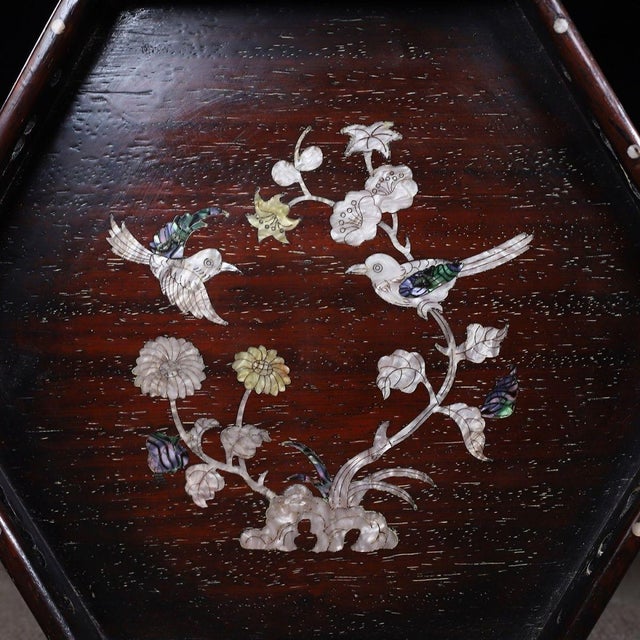 Vintage Zitan Wood Hexagonal Tray With Mother-of-Pearl Bird & Floral Inlay For Sale - Image 9 of 10