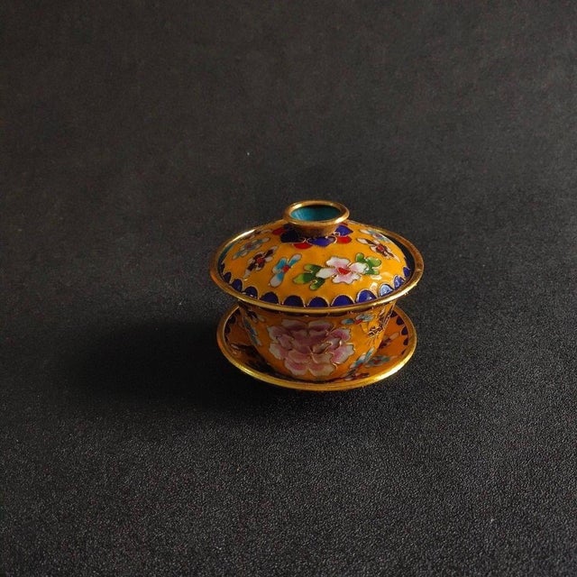 Chinese Vintage Chinese Yellow Cloisonné Enamel Floral "Three-Piece" Tea Bowl Set For Sale - Image 3 of 6