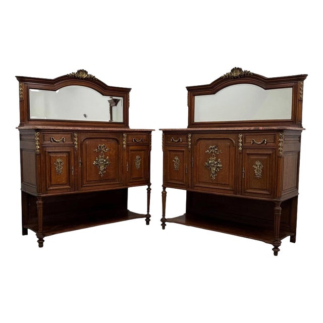 19th Century Antique French Marble-Top Cabinets with Mirrors, Set of 2 For Sale