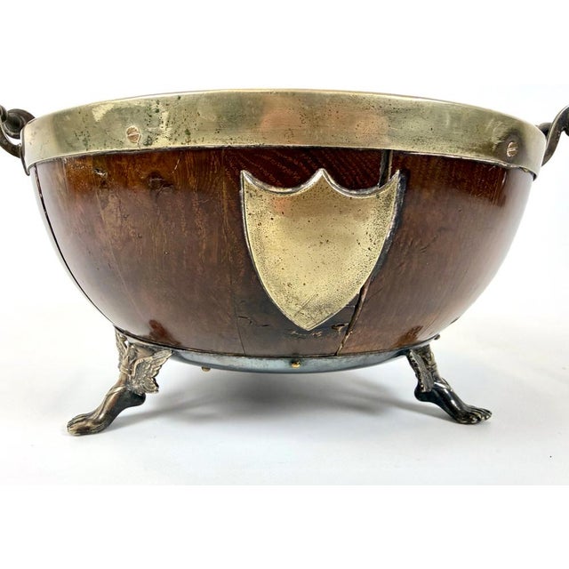 Traditional Victorian Silver Plate and Oak Three Handle Trophy Bowl on Mercury Legs, 1870s For Sale - Image 3 of 14