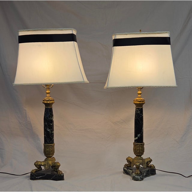 Vintage French Empire Neoclassical Style Marble and Gilt Bronze Table Lamps - Pair For Sale - Image 14 of 16